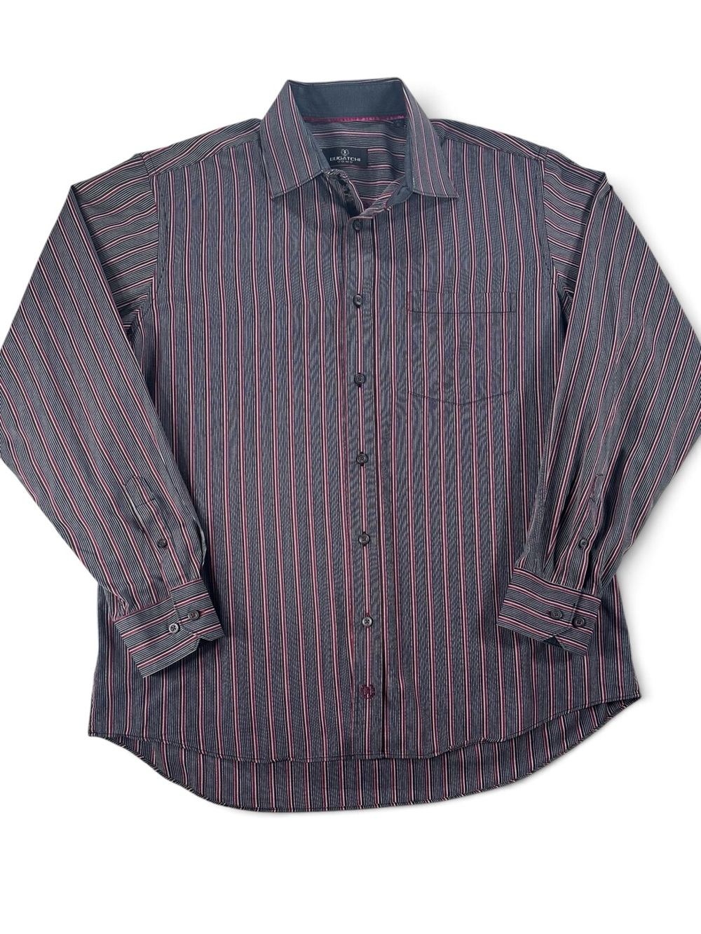 Bugatchi Men’s XL Dark Gray Button-Down Shirt with Red Pinstripes